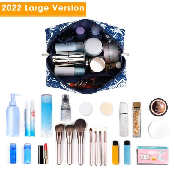 Women Blue Lotus Large Makeup Bag Zipper Pouch Travel Cosmetic Organizer - Picture 2 of 6